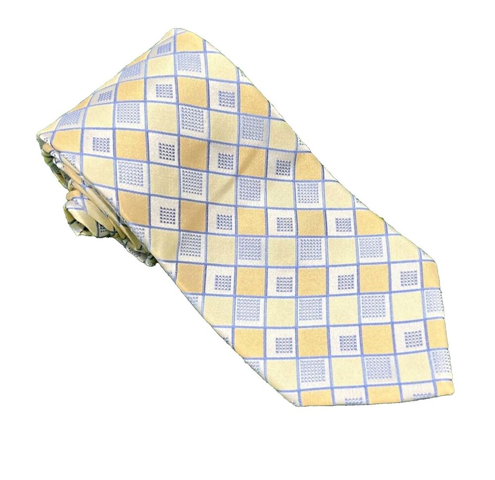 Michael Kors Necktie Mens Silk Tie Yellow Blue Squares Geometric Silk 58"